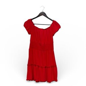 American Eagle Red Off Shoulder Smocked Mini Dress Tiered Ruffle Hem SP Petite